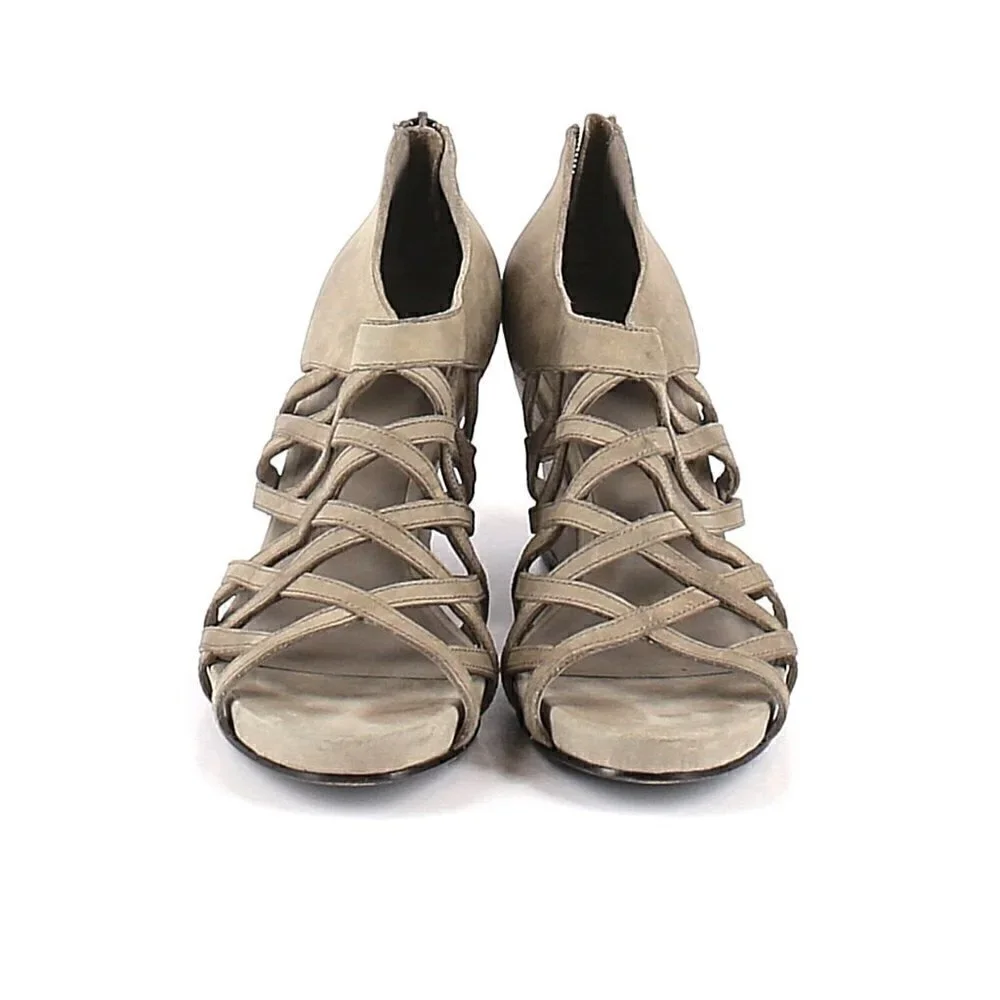 Eileen Fisher Wedge Sandals 9 Leather Lattice Caged Taupe Gray Tan Summer